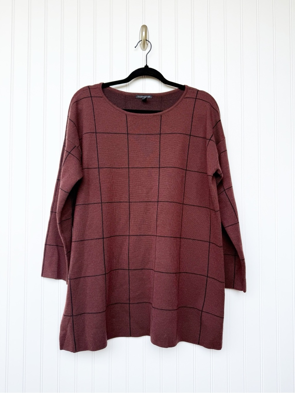 Eileen Fisher Brownstone Windowpane Merino Wool Oversized Sweater